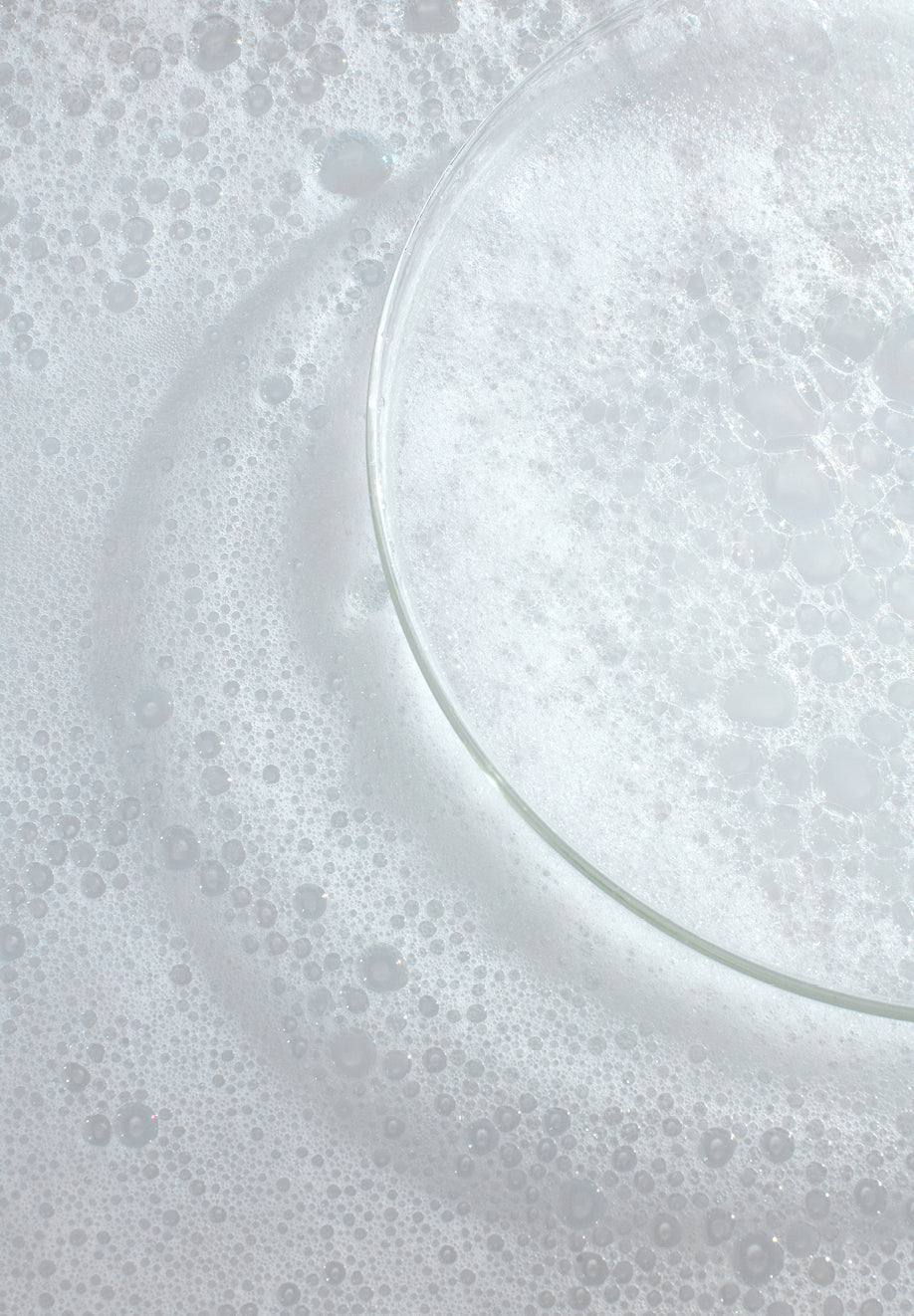 Product in petri dish floating on top of bubbly water.