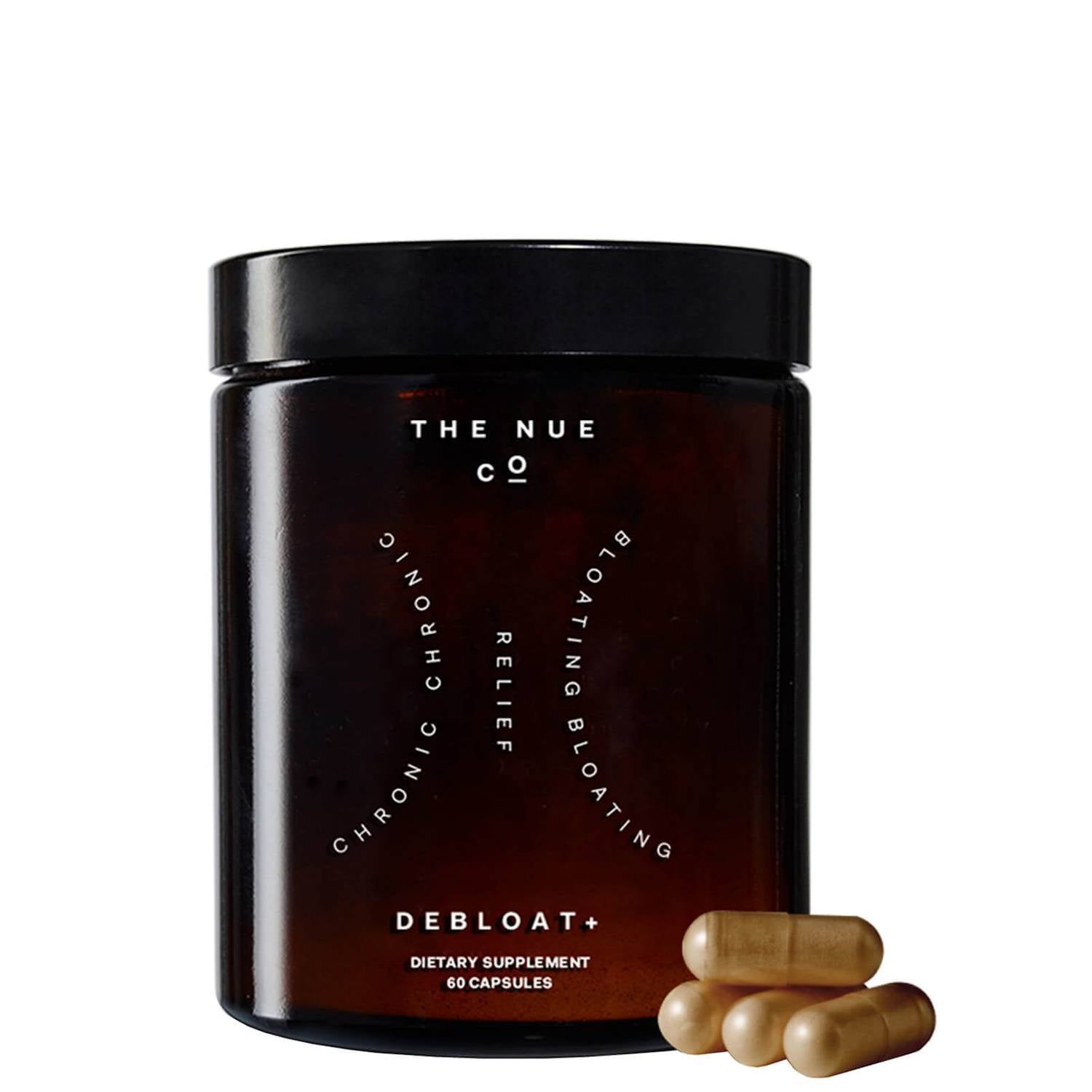 Brown Capsules sit in front of the DEBLOAT+ product packaging